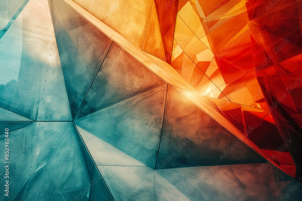Poster 3d geometric background with intersecting shapes and futuristic textures. dynamic lighting enhances 