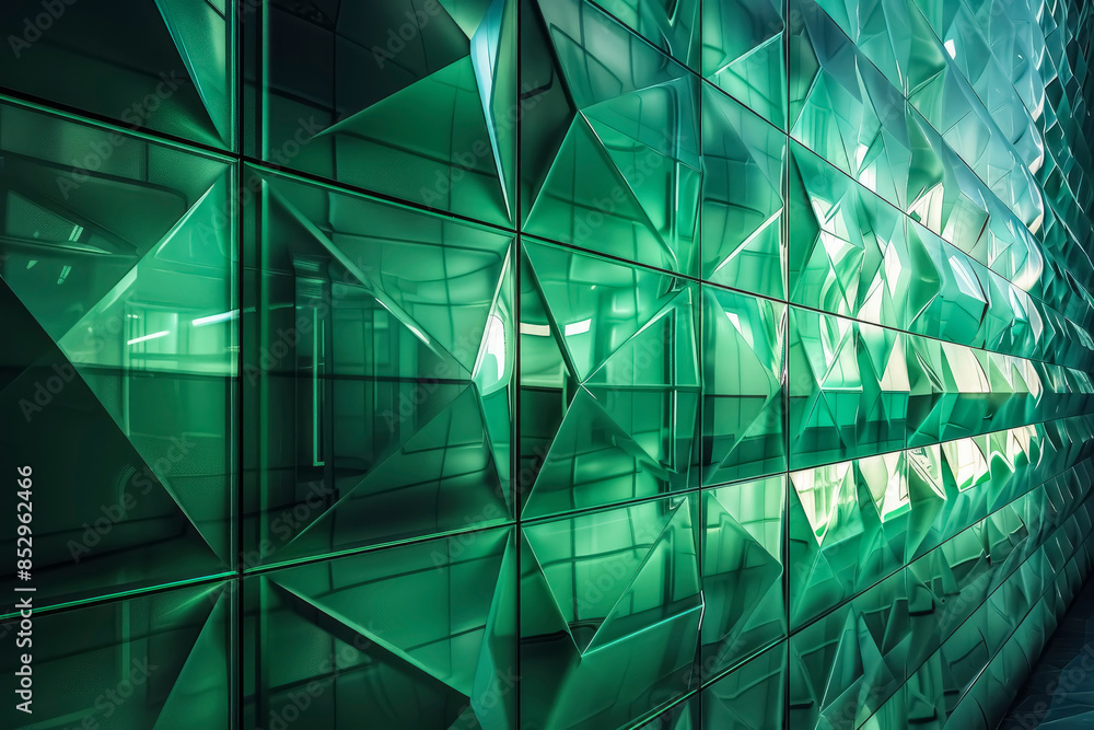 Poster a 3d geometric background in shades of emerald green with intricate patterns and angular shapes. dyn