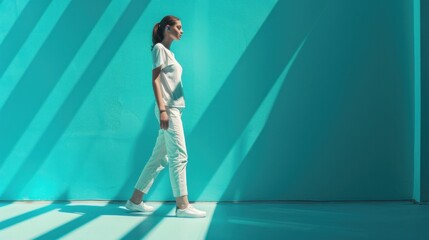 Aqua trends. Portrait female Fashion Casual look Girl minimal aesthetic. Monochrome color design Generative AI,