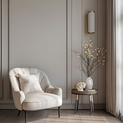 Aesthetic elegant minimalist interior design. Clear mock up empty wall for decoration in the apartment. Copy space in the room with moldings. Neutral palette of natural colors.