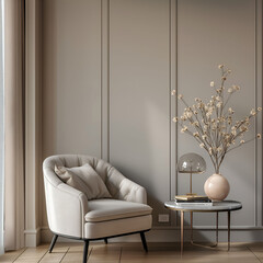 Aesthetic elegant minimalist interior design. Clear mock up empty wall for decoration in the apartment. Copy space in the room with moldings. Neutral palette of natural colors.