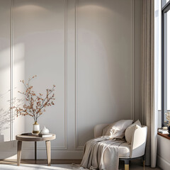 Aesthetic elegant minimalist interior design. Clear mock up empty wall for decoration in the apartment. Copy space in the room with moldings. Neutral palette of natural colors.