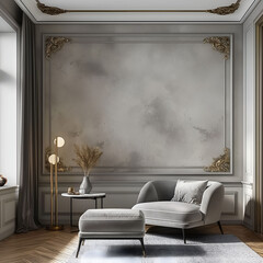 Aesthetic elegant minimalist interior design. Clear mock up empty wall for decoration in the apartment. Copy space in the room with moldings. Neutral palette of natural colors.