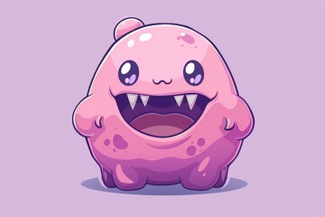 Fototapeta premium Cute pink monster with fangs smiling against a purple background