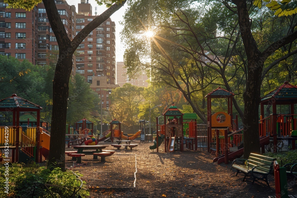 Wall mural a city park with abundant trees, playgrounds, and walking paths, demonstrating urban green spaces.