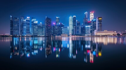 Fototapeta premium Nighttime cityscape skyline at night, illuminated and reflecting on calm waters