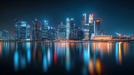 Fototapeta premium Nighttime cityscape skyline at night, illuminated and reflecting on calm waters