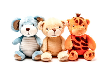 Obraz premium Three stuffed animals, a blue bear, a brown and white bear, and a red and yellow lion
