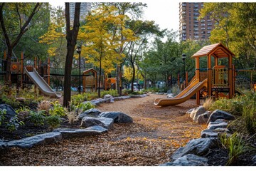 Fototapeta premium A city park with abundant trees, playgrounds, and walking paths, demonstrating urban green spaces. 