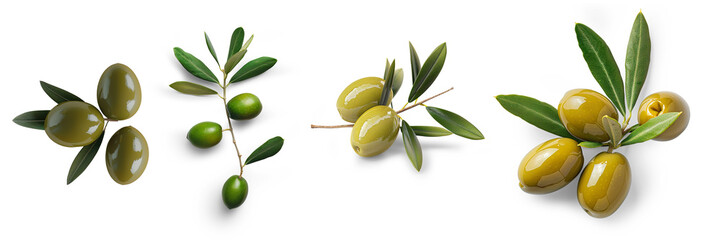 A set of Green olives with leaves isolated on a transparent background - Powered by Adobe