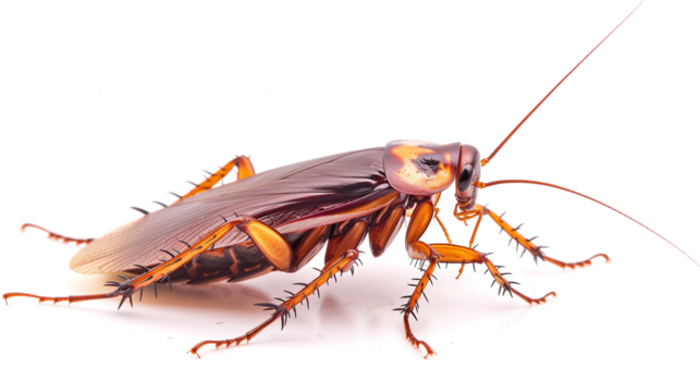 Red cockroach, with legs and antennae, isolated on a transparent white background. Disgusting bug or insect