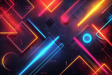 Colorful geometric shapes with neon lights on a dark background