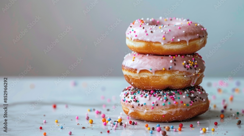 Poster Freshly decorated donuts stacked on a white surface