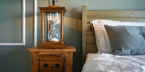 Elegant Bedside Table with Hourglass Marking the Passage of Time in a Cozy Bedroom Setting. Perfect for Depicting Rest, Slow Living, and Warm Interior Design. High-Resolution AI-Generated Wallpaper Ba