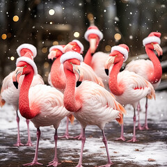 A group of flamingos wearing Santa hats stand in the snow