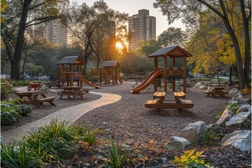 A city park with abundant trees, playgrounds, and walking paths, demonstrating urban green spaces. 