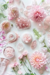 A flat lay of an array of natural and organic beauty products, including rose quartz crystal droplets, fresh flowers