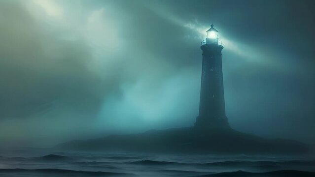 Seen through the dense fog the ghostly lighthouse appeared like a mirage its light scanning the desolate coastline in a neverending search for shipwrecks.