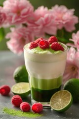 A glass of matcha latte, with the top layer of milk and green tea mixed together to form a beautiful gradient color, with several raspberries 