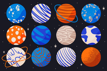 Planets in outer space with satellites, falling meteor and asteroids in dark starry sky. Galaxy, cosmos, universe futuristic fantasy view background. Cartoon vector illustration © Anastasii Palchenko