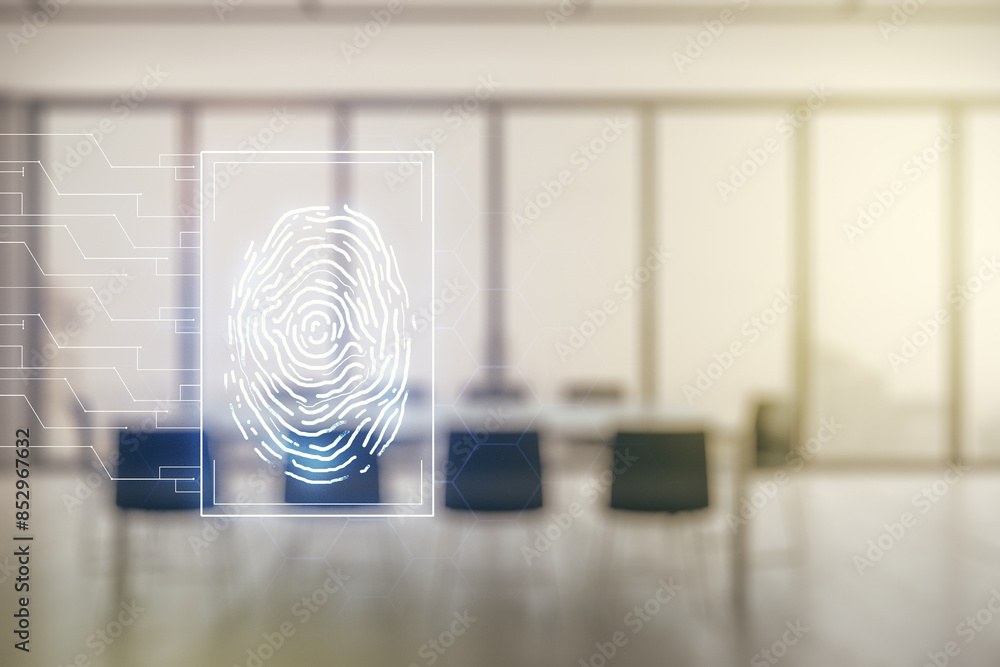 Poster Multi exposure of virtual graphic fingerprint sketch on a modern furnished classroom background, fingerprint scan data concept