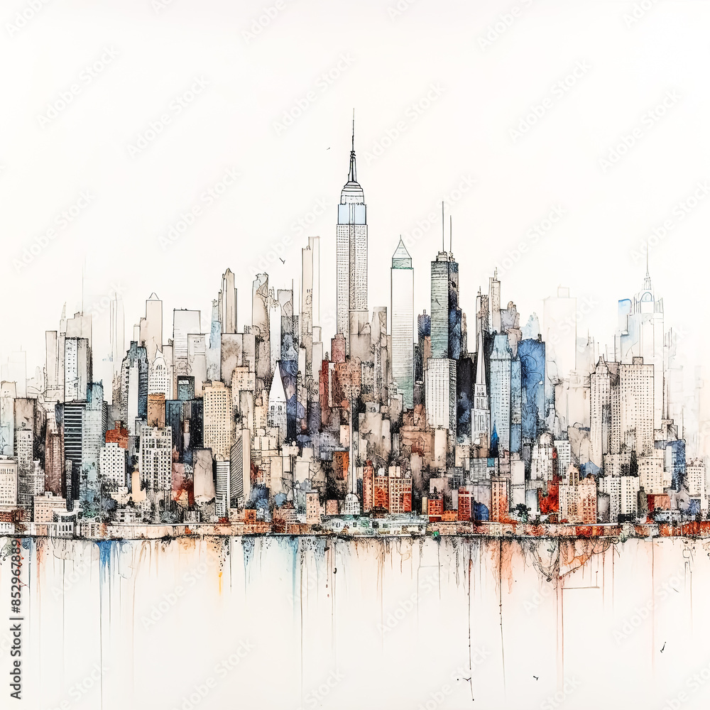 Poster a cityscape with a large building in the middle and a statue of liberty on the left.