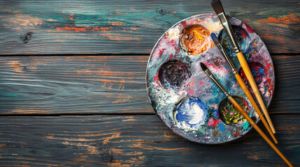 Artist paint brushes and palette on wooden background 