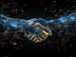 Two human hands shaking as if making a buying deal, with blue and orange digital cyber overlay, black background. Collaboration of robotics and AI with human society