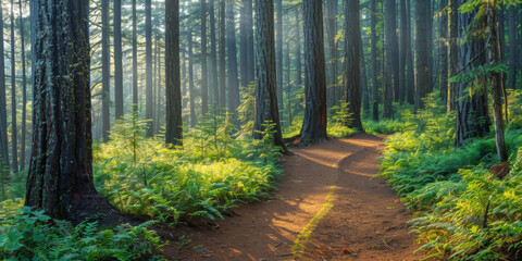 Obraz premium A peaceful forest walk with a winding path through tall trees, dappled sunlight, and lush undergrowth