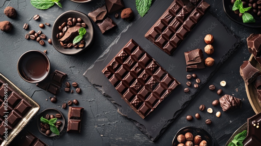 Aufkleber on a sleek dark gray tabletop a tempting array of chocolate adorned with hazelnuts mint leaves and c