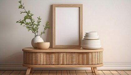 minimalist interior featuring a blank wooden picture frame resting on a woven rattan side table against a plain white wall, interior of a room with furniture