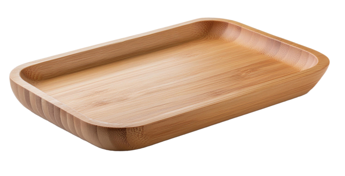 Authentic wooden tray with a natural texture, set against a transparent checkered backdrop
