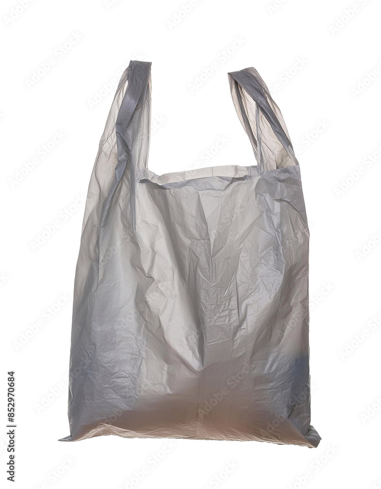 Poster single use empty plastic bag isolated on a checkered background, suggesting transparency