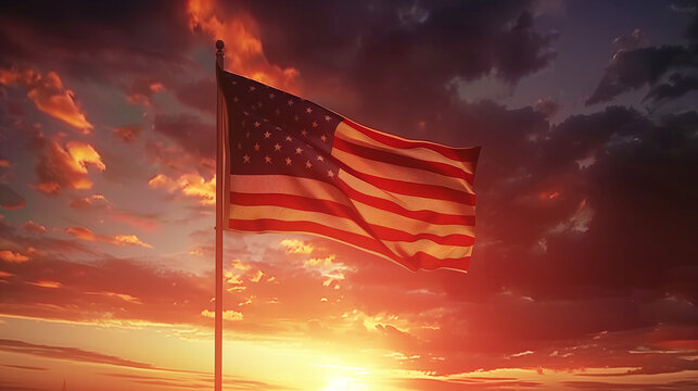 A cinematic composition featuring a majestic American flag flying high against a dramatic sunset sky, symbolizing the resilience and unity of the nation in the face of challenges.