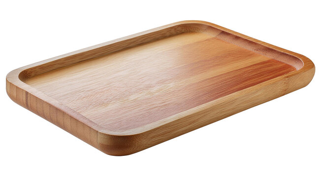 Premium photograph of a vacant wooden tray with authentic texture, set against a clear background