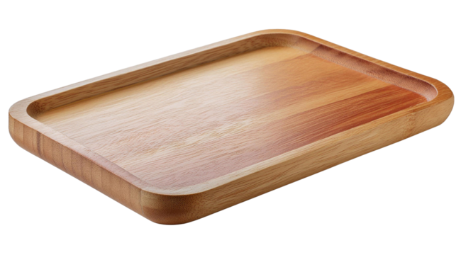 Premium photograph of a vacant wooden tray with authentic texture, set against a clear background