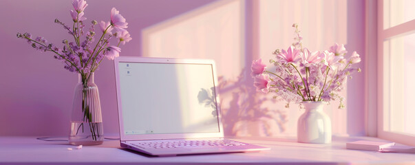 Violet laptop computer with flower vase