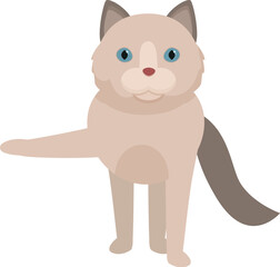 Cartoon ragdoll cat standing on four legs and raising one paw, isolated on a white background