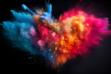 Vibrant color explosion shaped like a heart on black background, powder color cloud