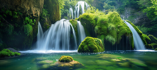 Waterfall in forest, long exposure, green moss on rocks, flowing water, nature background