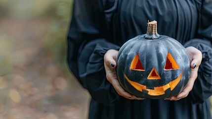 Magician woman wearing black costume and halloween makeup holding carved pumpkin
