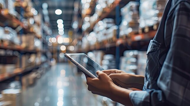 Male  manager utilizes a digital tablet to access the inventory in a warehouse.