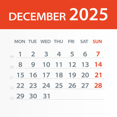 December 2025 Calendar Leaf - Vector Illustration. Week starts on Monday