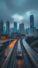 Fototapeta premium Clouds, city skyline, curved and speeding trains, speed, sky, clouds, buildings, colorful clouds, high technology, tourism, journey, home, National Day holiday, New Year, vacation, summer vacation tra
