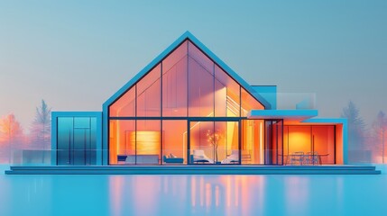 Fototapeta premium Modern House With Large Windows at Dusk