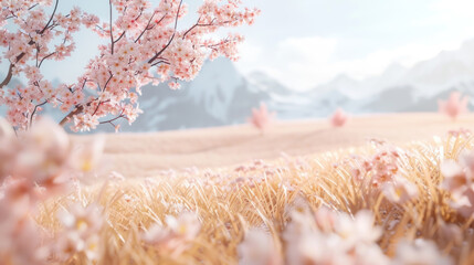 Volumetric Japanese mountain landscape with sakura, pink cherry blossom trees against blue sky