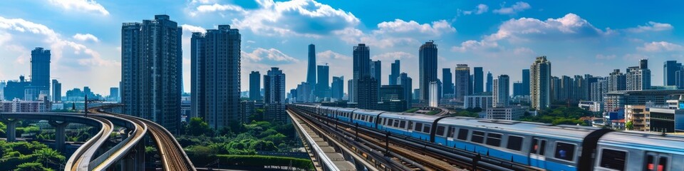 Fototapeta premium Clouds, city skyline, curved and speeding trains, speed, sky, clouds, buildings, colorful clouds, high technology, tourism, journey, home, National Day holiday, New Year, vacation, summer vacation tra