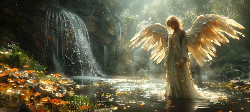 Mystical female angel, thoughtfully at a waterfall, pond. Dreamy romantic atmosphere. Faith and hope concept. Decorative background for cards, poster, wallpapers etc. 
