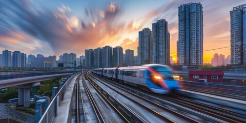 Fototapeta premium Clouds, city skyline, curved and speeding trains, speed, sky, clouds, buildings, colorful clouds, high technology, tourism, journey, home, National Day holiday, New Year, vacation, summer vacation tra