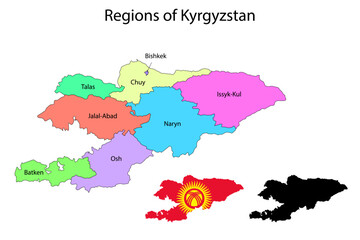 Obraz premium Kyrgyzstan administrative divisions. Kyrgyzstan flag and map illustration vector. Districts of Kyrgyzstan 